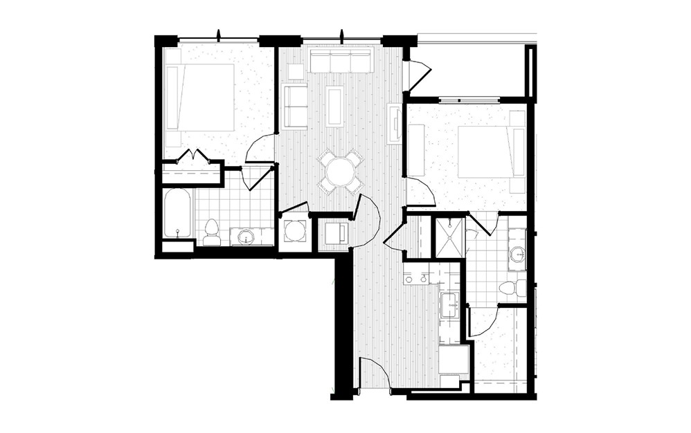 B1 - 2 bedroom floorplan layout with 2 baths and 952 square feet.